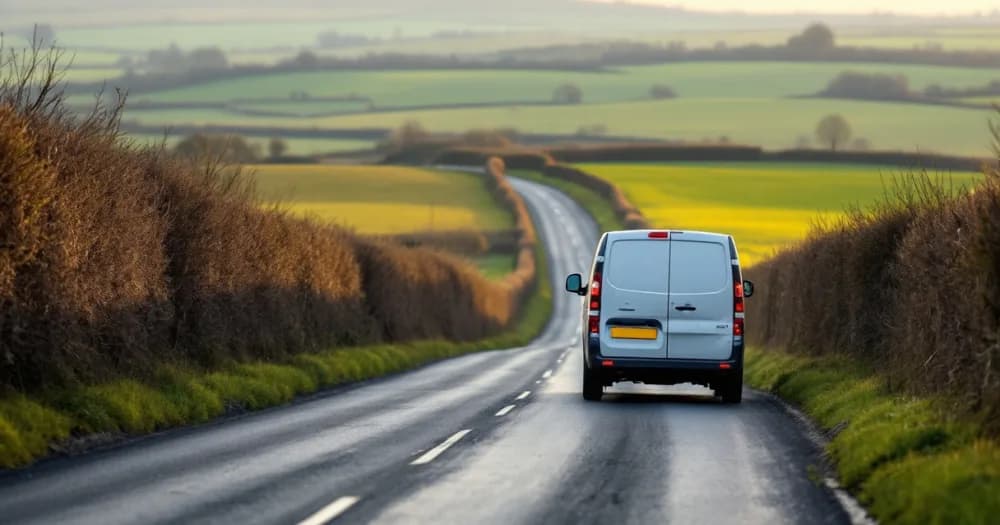 A van on a country road ahead, a next step after learning what to check before you lease a van. A van on a country road ahead, a next step after learning what to check before you lease a van.