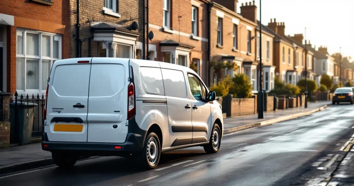 A compact white panel van on a terraced UK street, one of the best small vans to lease.