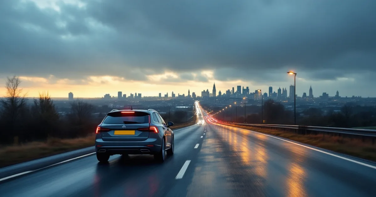 Grey car on a wet UK road at dusk, illustrating business vs personal contract hire.