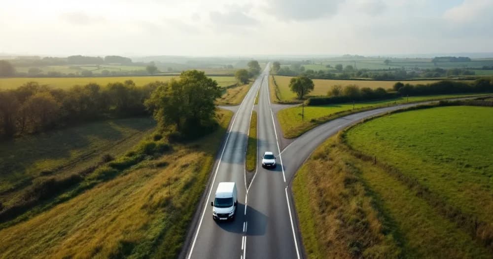 A van and a hatchback on a forked UK road, showing business vs personal contract hire options. A van and a hatchback on a forked UK road, showing business vs personal contract hire options.