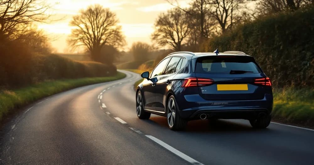 A navy hatchback on a country road, representing how to choose a car to lease for your business. A navy hatchback on a country road, representing how to choose a car to lease for your business.