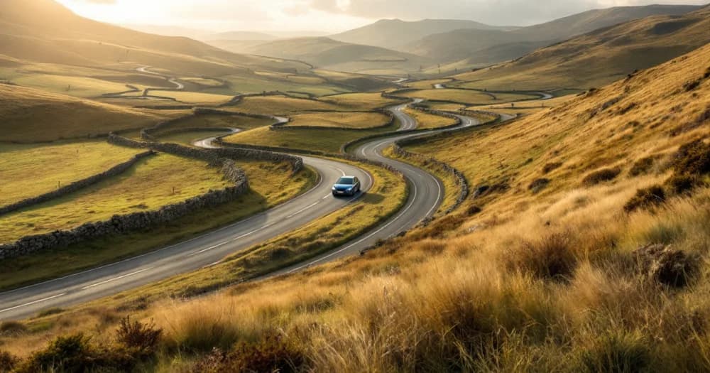 Small car on a Dales road with three routes beyond, showing how to choose a lease term: 24, 36 or 48 months. Small car on a Dales road with three routes beyond, showing how to choose a lease term: 24, 36 or 48 months.