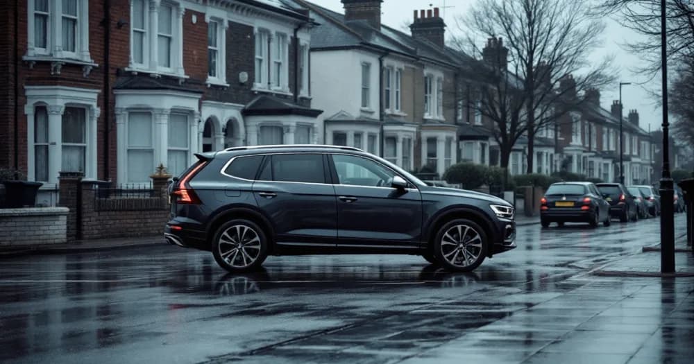 Estate car on a rainy suburban street, a reminder of what to check on how to choose a lease term: 24, 36 or 48 months. Estate car on a rainy suburban street, a reminder of what to check on how to choose a lease term: 24, 36 or 48 months.