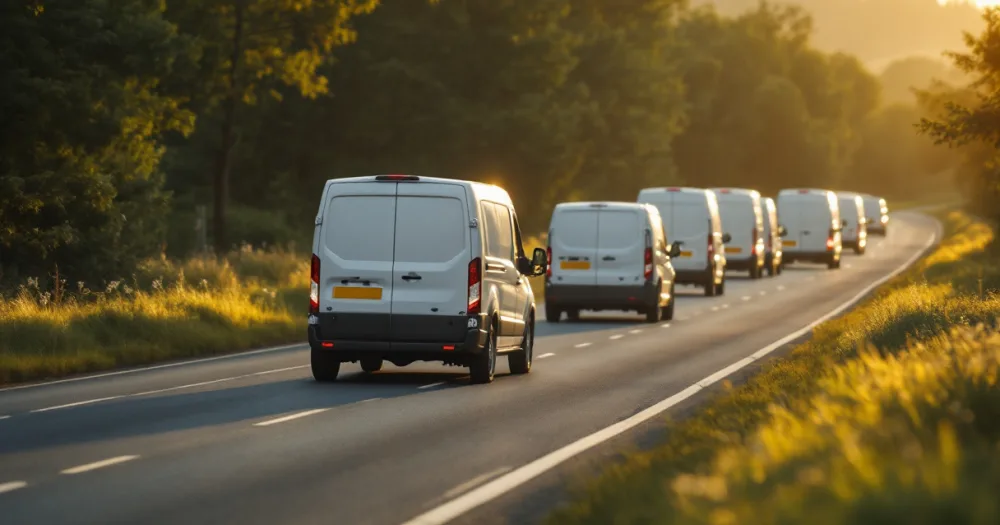 Vans travelling along a dual carriageway at sunset, a next step in electric van leasing: is it worth it yet. Vans travelling along a dual carriageway at sunset, a next step in electric van leasing: is it worth it yet.