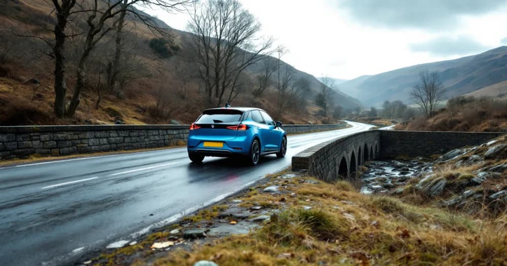 A blue hatchback on a stone bridge, a worked example of what happens at the end of a lease. A blue hatchback on a stone bridge, a worked example of what happens at the end of a lease.