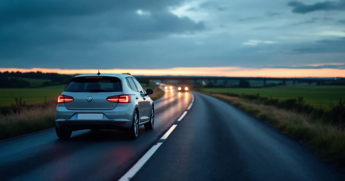 A silver car on a quiet country road, illustrating what happens if i go over my mileage on a lease.