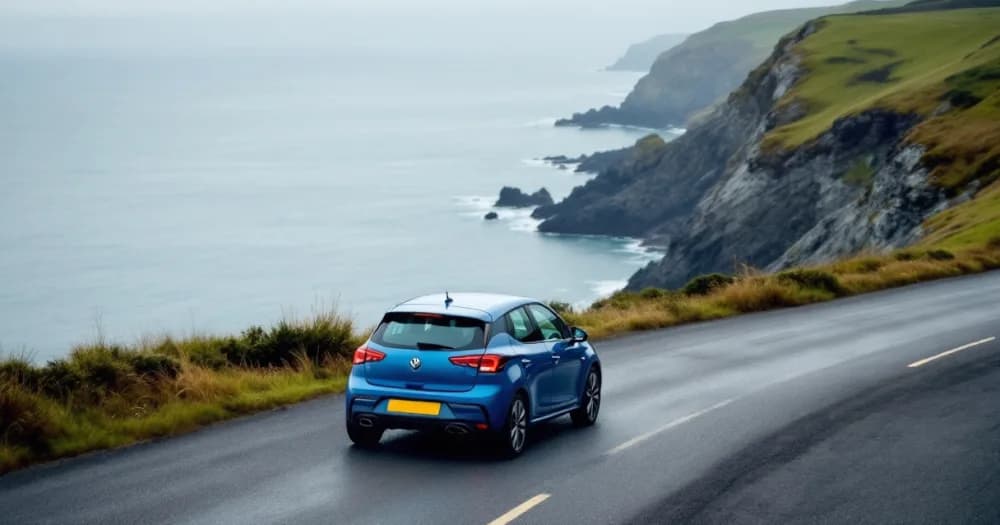 A blue hatchback by the Cornish coast, related to what happens if i go over my mileage on a lease. A blue hatchback by the Cornish coast, related to what happens if i go over my mileage on a lease.