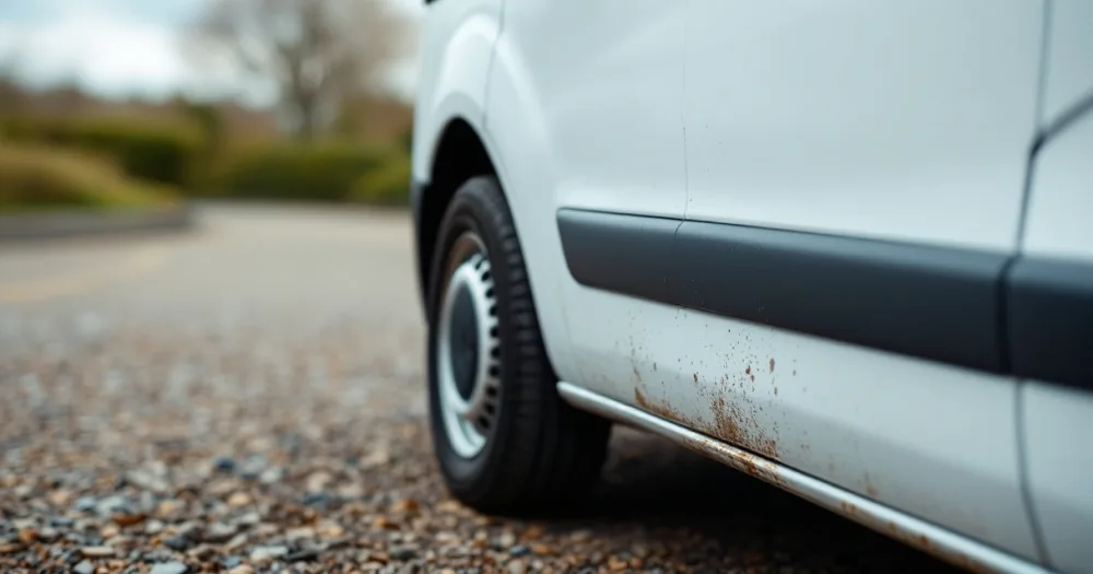 A white van's lower door with light scuffs, illustrating what is fair wear and tear on a leased vehicle. A white van's lower door with light scuffs, illustrating what is fair wear and tear on a leased vehicle.