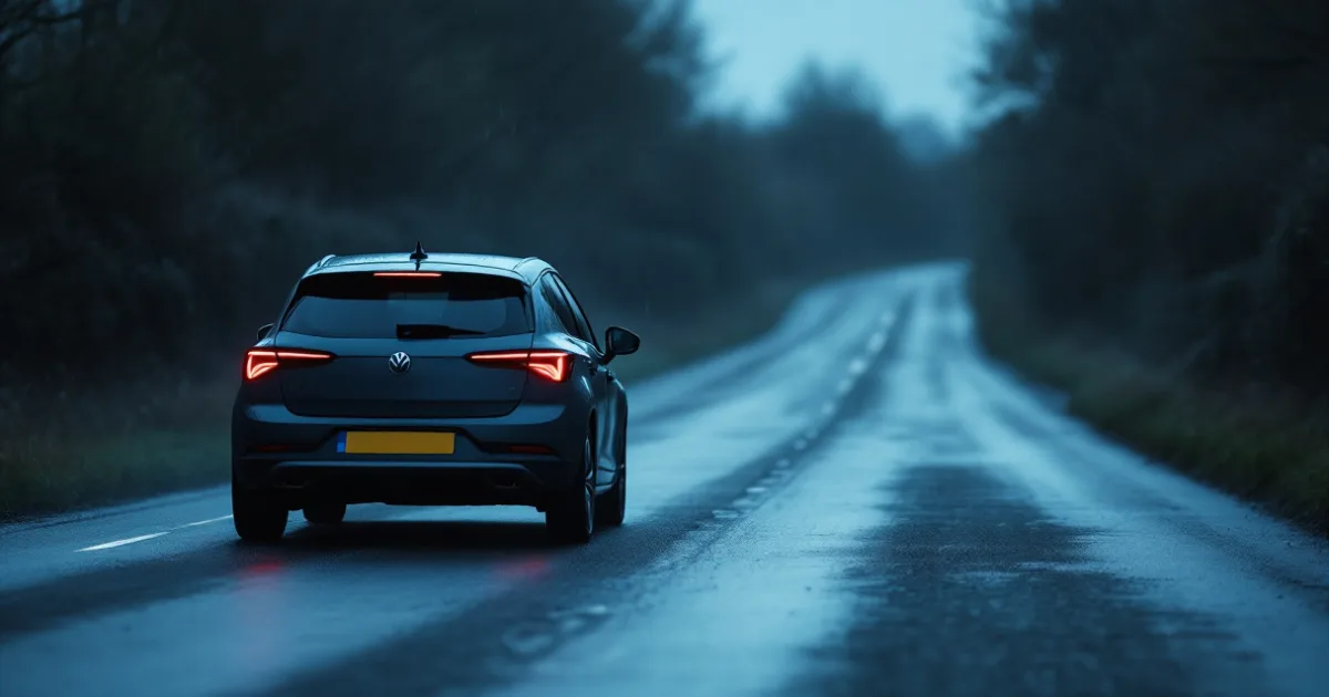 A grey hatchback on a wet British road, illustrating a first-time lessee's guide to contract hire.