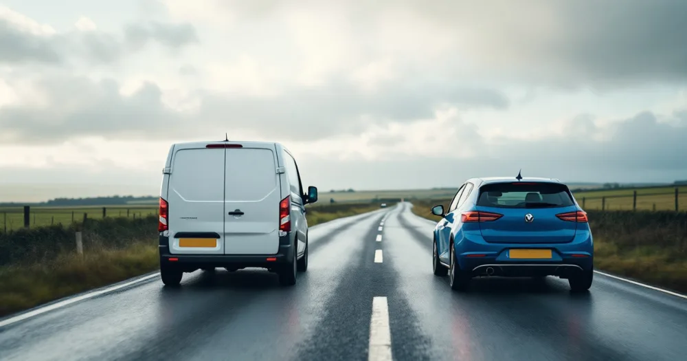 A van and car travelling a rural British road, closing a first-time lessee's guide to contract hire. A van and car travelling a rural British road, closing a first-time lessee's guide to contract hire.