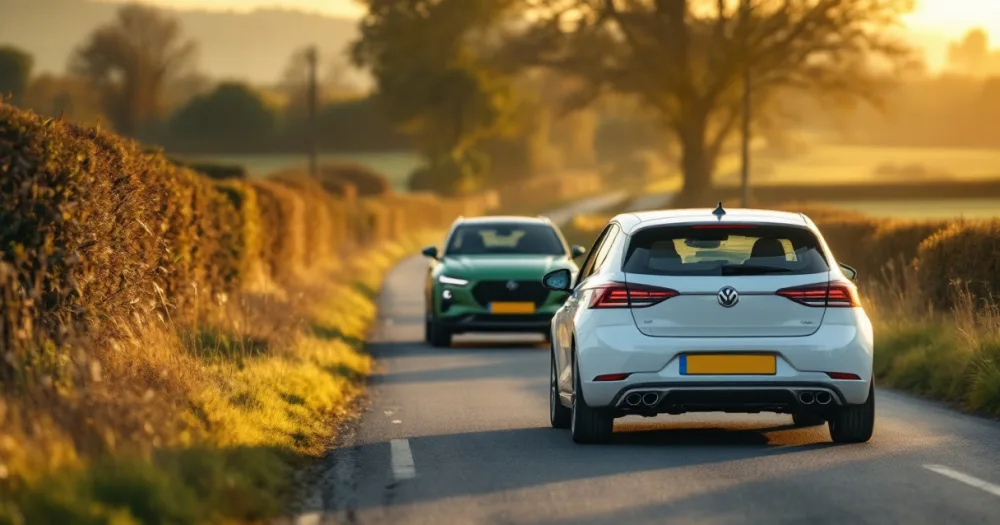 Hatchback or suv: which is better to lease, with a hatchback and SUV on a country road at sunset. Hatchback or suv: which is better to lease, with a hatchback and SUV on a country road at sunset.