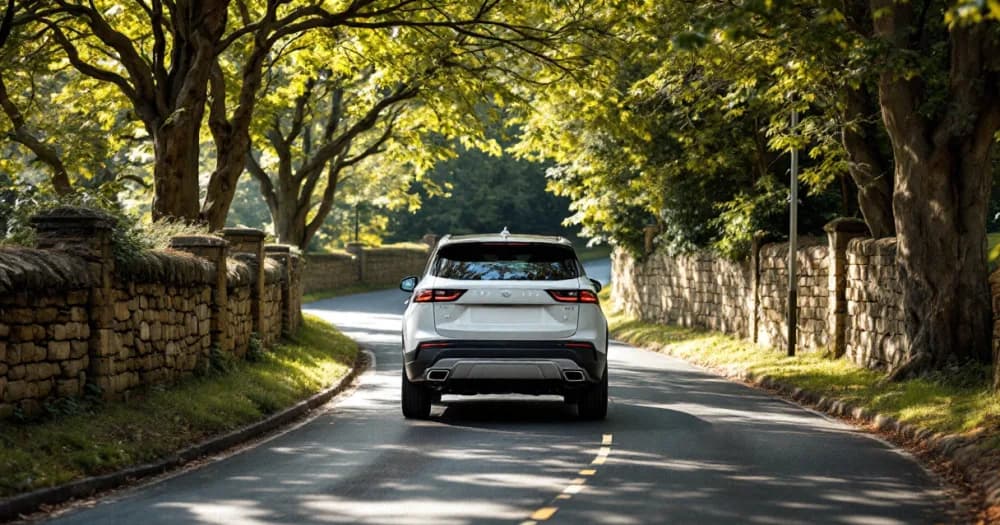 SUV on a country lane, illustrating hatchback or suv: which is better to lease when checking space. SUV on a country lane, illustrating hatchback or suv: which is better to lease when checking space.