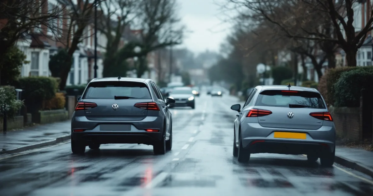 A grey hatchback on a wet UK road, illustrating do i insure a leased vehicle myself.