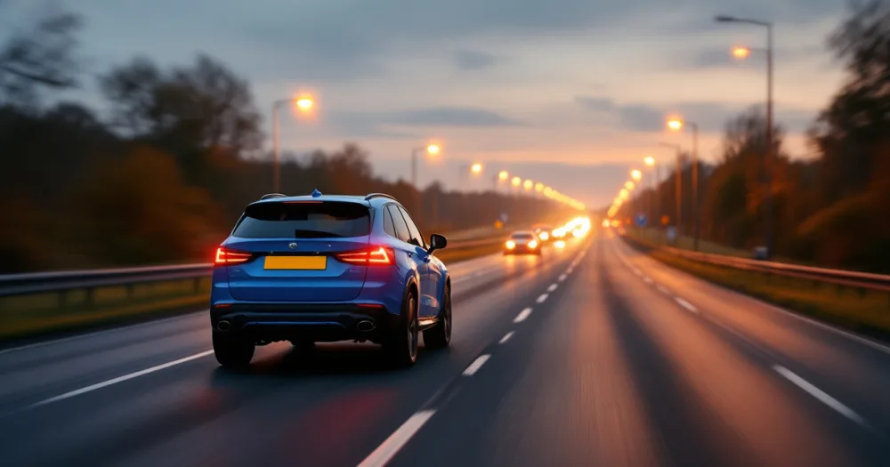 A blue SUV nearing a roundabout at dusk, linked to do i insure a leased vehicle myself. A blue SUV nearing a roundabout at dusk, linked to do i insure a leased vehicle myself.