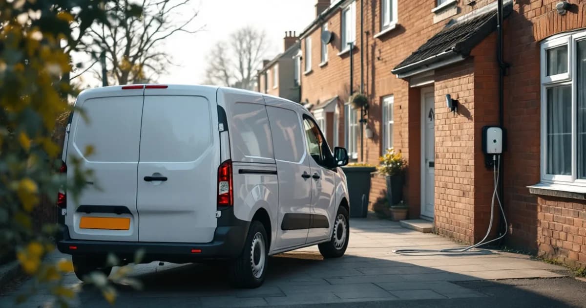 White van charging outside a brick terrace, a scene asking is an electric van worth leasing.
