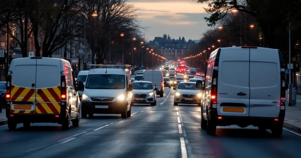 Busy city street with vans and cars at dusk, related to is an electric van worth leasing. Busy city street with vans and cars at dusk, related to is an electric van worth leasing.