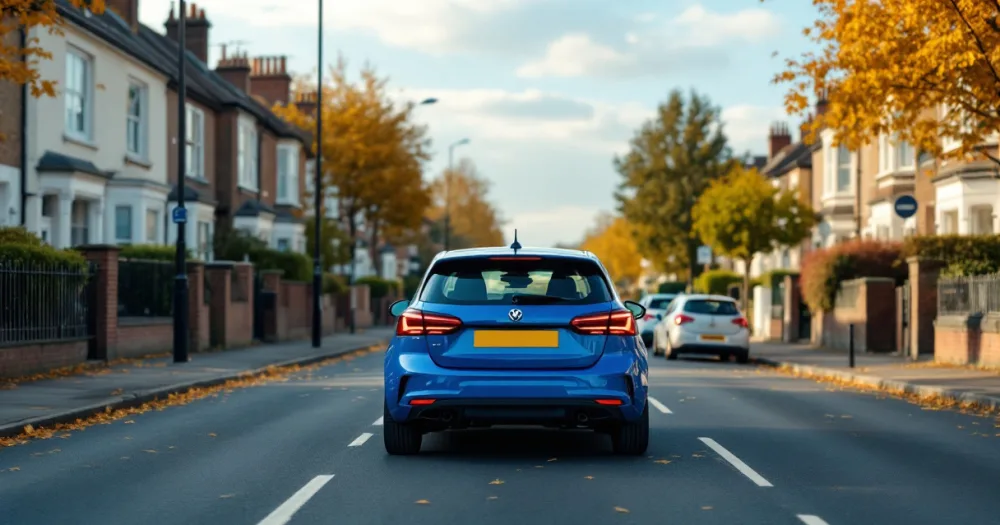 Blue hatchback on a terraced street, a worked example of is car leasing cheaper than buying. Blue hatchback on a terraced street, a worked example of is car leasing cheaper than buying.