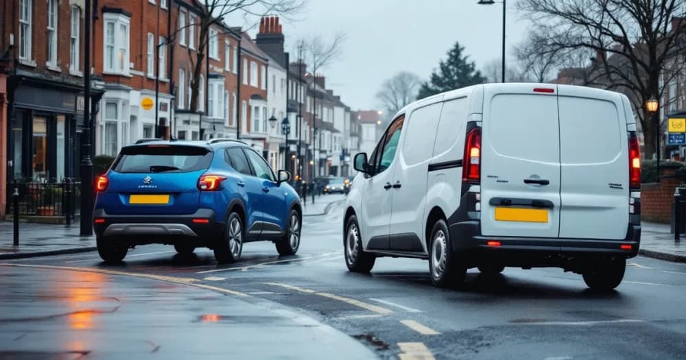 Van and SUV on a wet high street, linked to related questions on is car leasing cheaper than buying. Van and SUV on a wet high street, linked to related questions on is car leasing cheaper than buying.