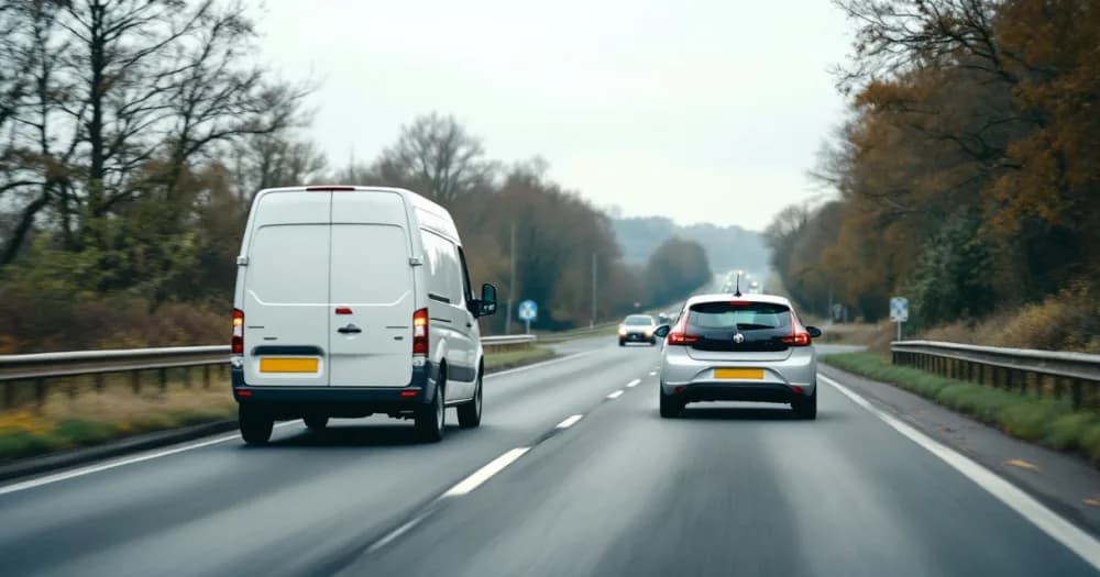 A van and a car on a UK dual carriageway, covering related questions on is vat charged on van leasing. A van and a car on a UK dual carriageway, covering related questions on is vat charged on van leasing.