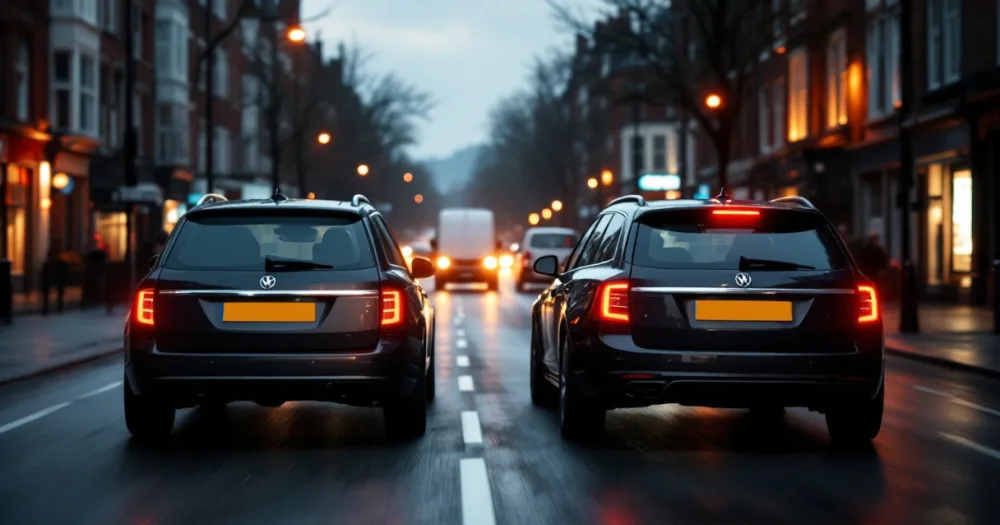 Estate car and distant van on a wet city road, a worked example of can i lease a car and van at the same time. Estate car and distant van on a wet city road, a worked example of can i lease a car and van at the same time.