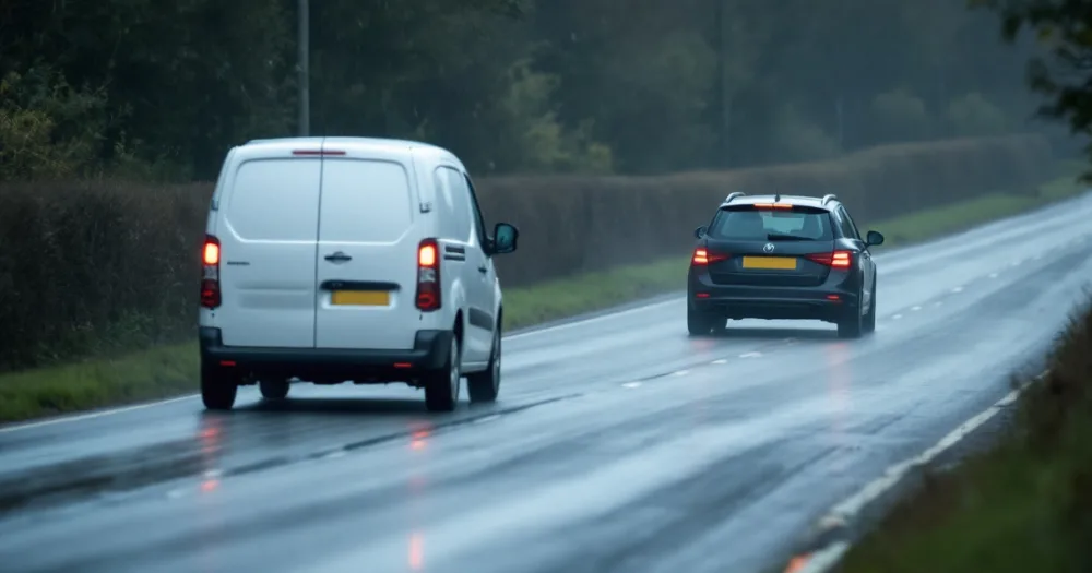 A van and an estate car passing on a wet road, a look at can i lease a car and van at the same time. A van and an estate car passing on a wet road, a look at can i lease a car and van at the same time.