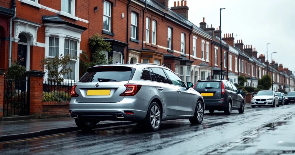 A silver hatchback parked on a UK terraced street, illustrating can i lease a car with bad credit.