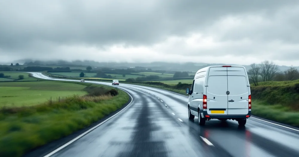 Distant van on a wet road, a visual for how long does it take to get a leased van delivered. Distant van on a wet road, a visual for how long does it take to get a leased van delivered.