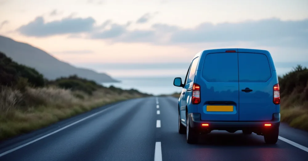 Blue van on a coastal road, related to how long does it take to get a leased van delivered. Blue van on a coastal road, related to how long does it take to get a leased van delivered.
