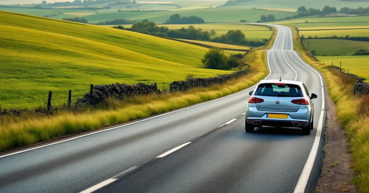 Silver hatchback on a country road illustrating how does mileage work on a lease.