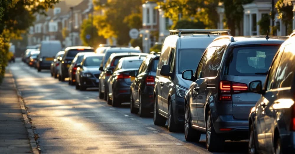 Parked cars and vans on a terraced street, related to how does mileage work on a lease. Parked cars and vans on a terraced street, related to how does mileage work on a lease.