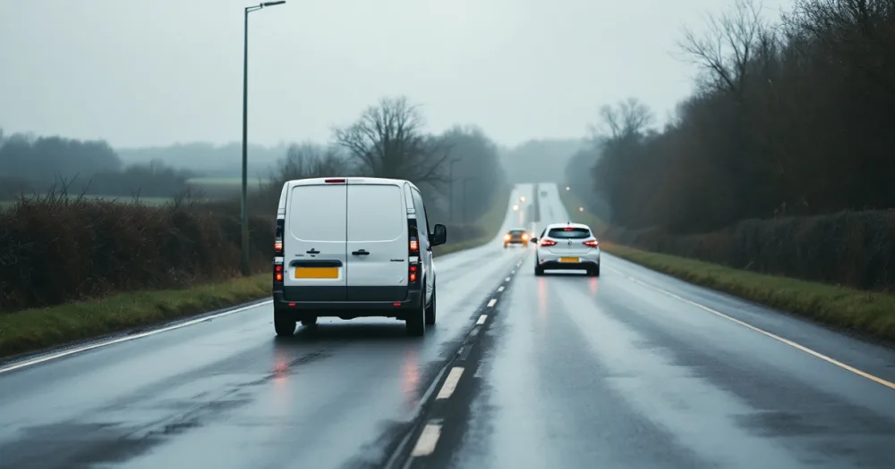 Vehicles on a wet British A-road, illustrating related questions on can i lease a van for my limited company. Vehicles on a wet British A-road, illustrating related questions on can i lease a van for my limited company.