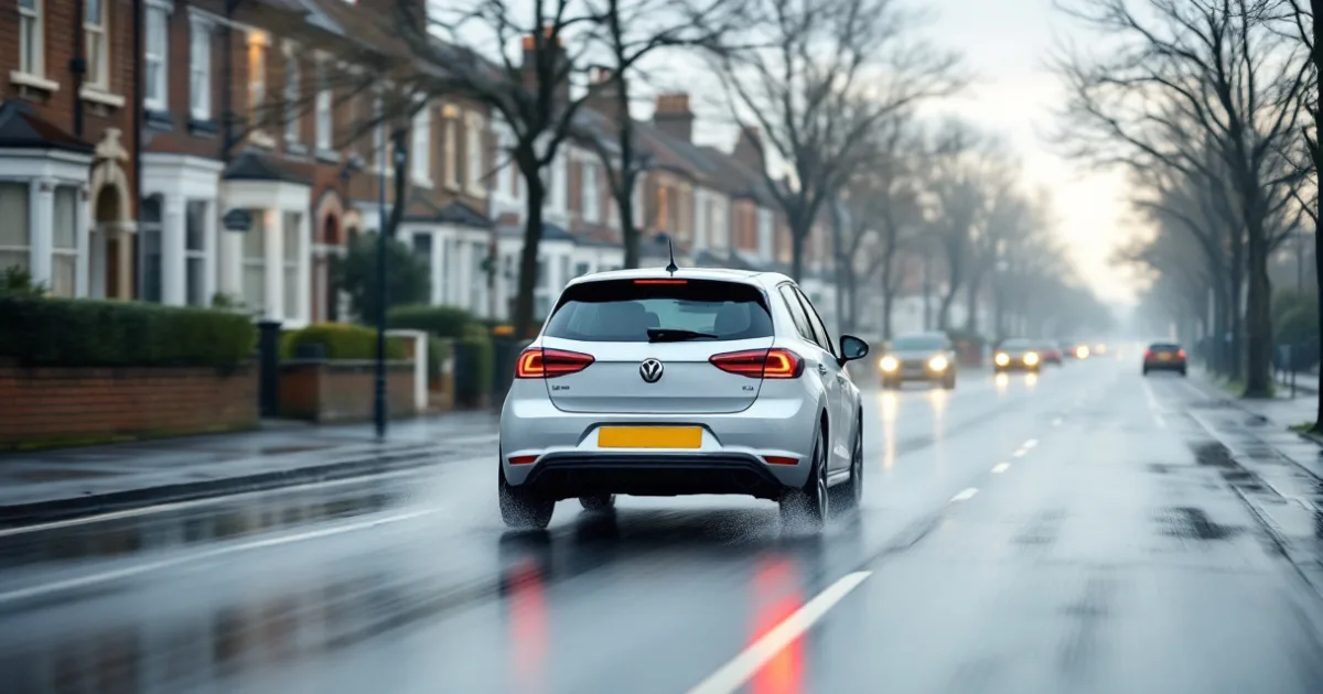 A small silver hatchback on a damp suburban street, representing lower-cost cars to lease in 2026.