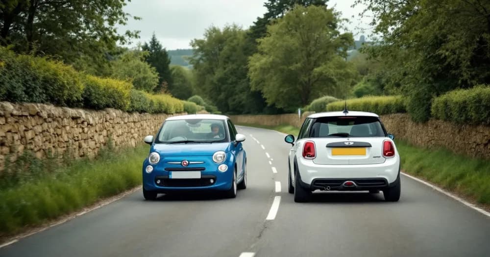 Two compact cars on a country lane showing lower-cost cars to lease in 2026. Two compact cars on a country lane showing lower-cost cars to lease in 2026.