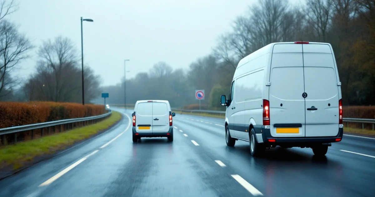 Two vans on a wet UK road, a visual take on choosing between a small, medium and large van.