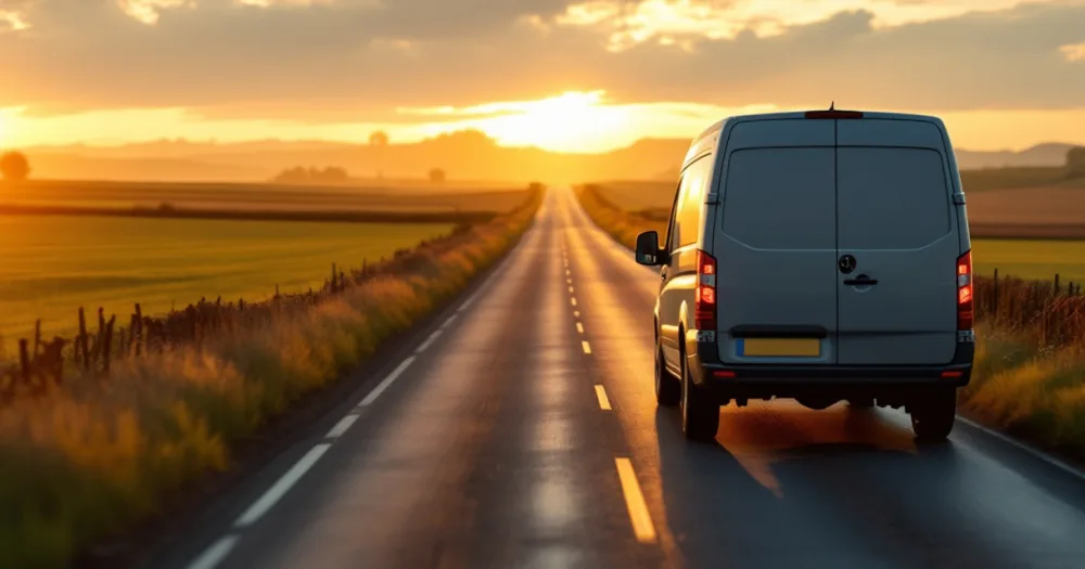 A medium van heading down a country road, the next step in choosing between a small, medium and large van. A medium van heading down a country road, the next step in choosing between a small, medium and large van.