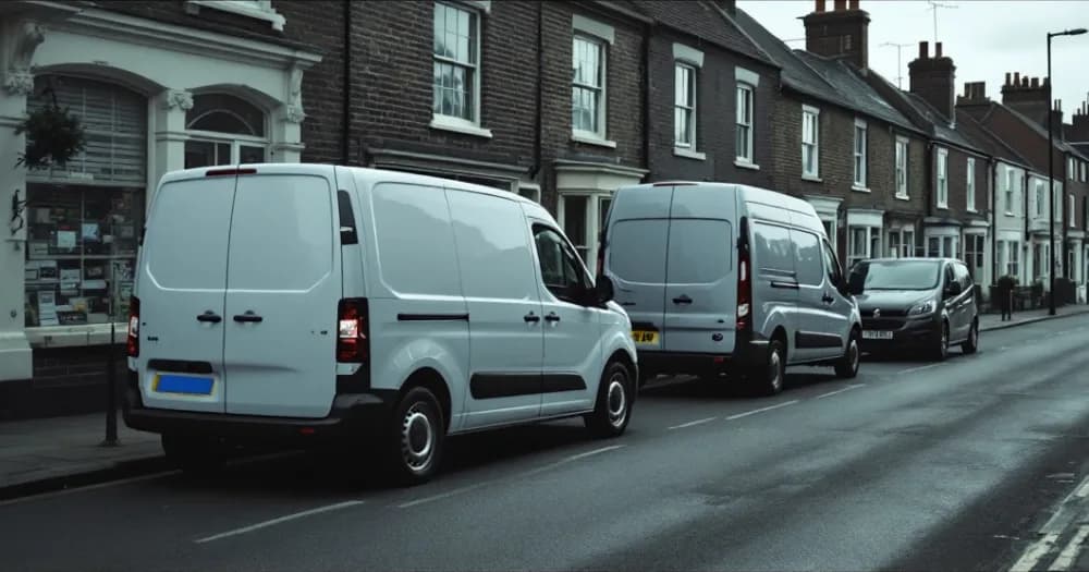 Compact and medium vans on a terraced street, showing options for choosing between a small, medium and large van. Compact and medium vans on a terraced street, showing options for choosing between a small, medium and large van.
