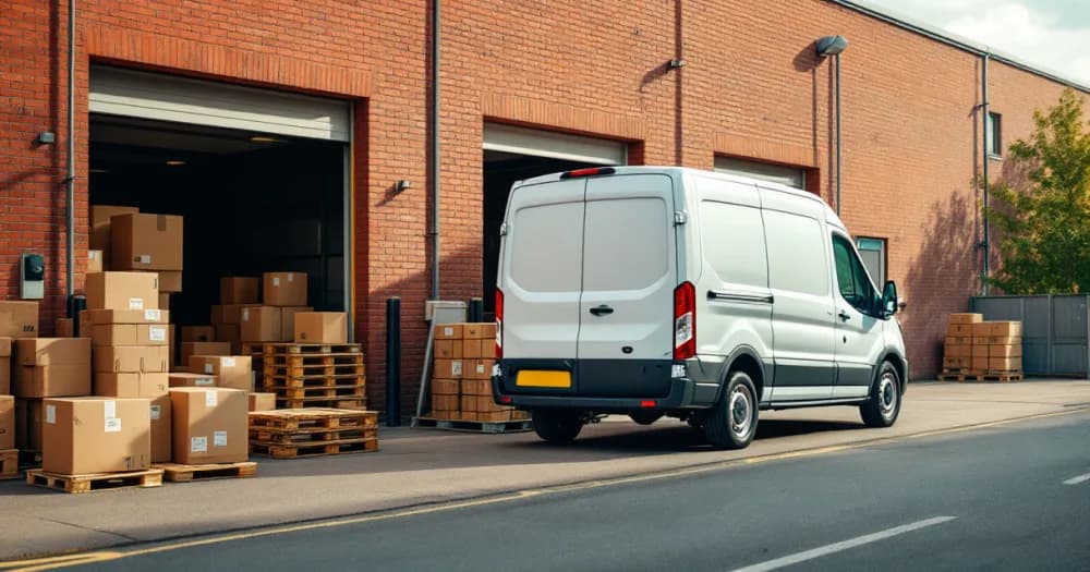 A van with open rear doors at a loading bay, useful when choosing between a small, medium and large van. A van with open rear doors at a loading bay, useful when choosing between a small, medium and large van.
