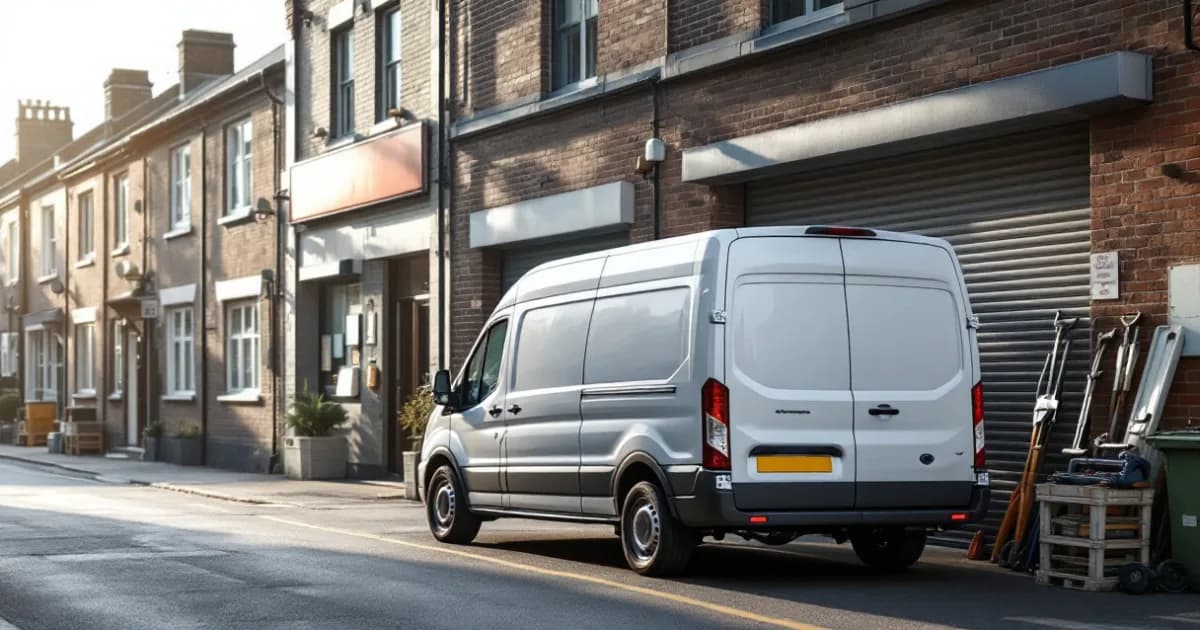 A white panel van outside a brick workshop, showing can a sole trader lease a van for work.