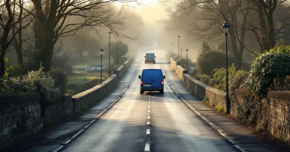 Distant blue van crossing a bridge, illustrating related questions on can a sole trader lease a van. Distant blue van crossing a bridge, illustrating related questions on can a sole trader lease a van.