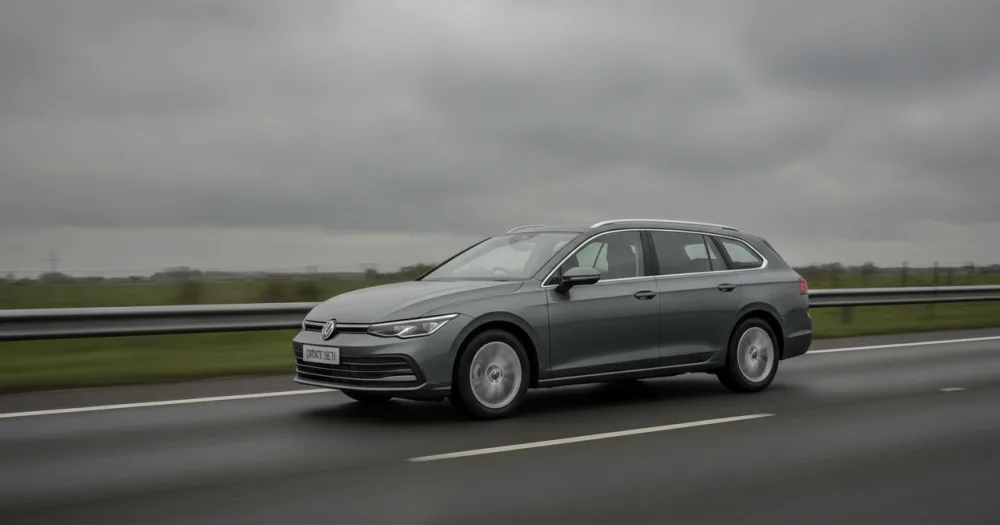 Estate car on a motorway in overcast weather, shown for a volkswagen passat lease. Estate car on a motorway in overcast weather, shown for a volkswagen passat lease.