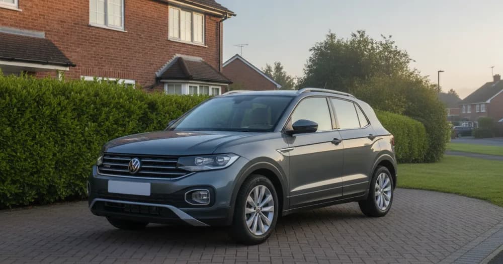 Compact SUV on a brick-fronted home driveway, comparing a volkswagen t-cross lease with buying. Compact SUV on a brick-fronted home driveway, comparing a volkswagen t-cross lease with buying.