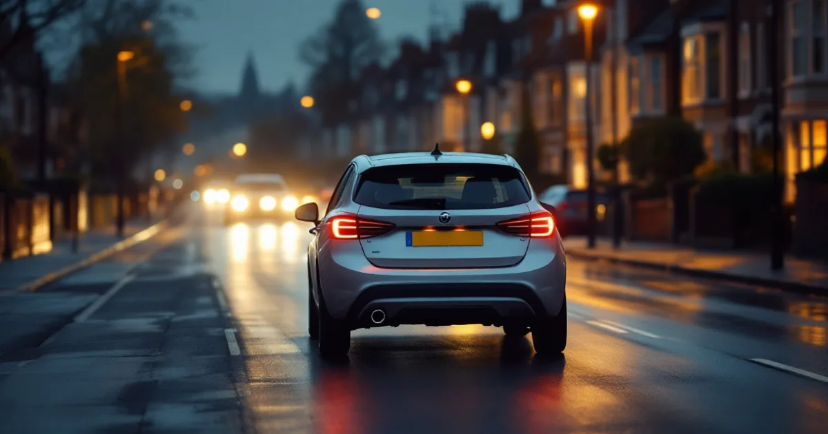 A silver hatchback on a wet UK road at dusk, illustrating what is a lease broker.