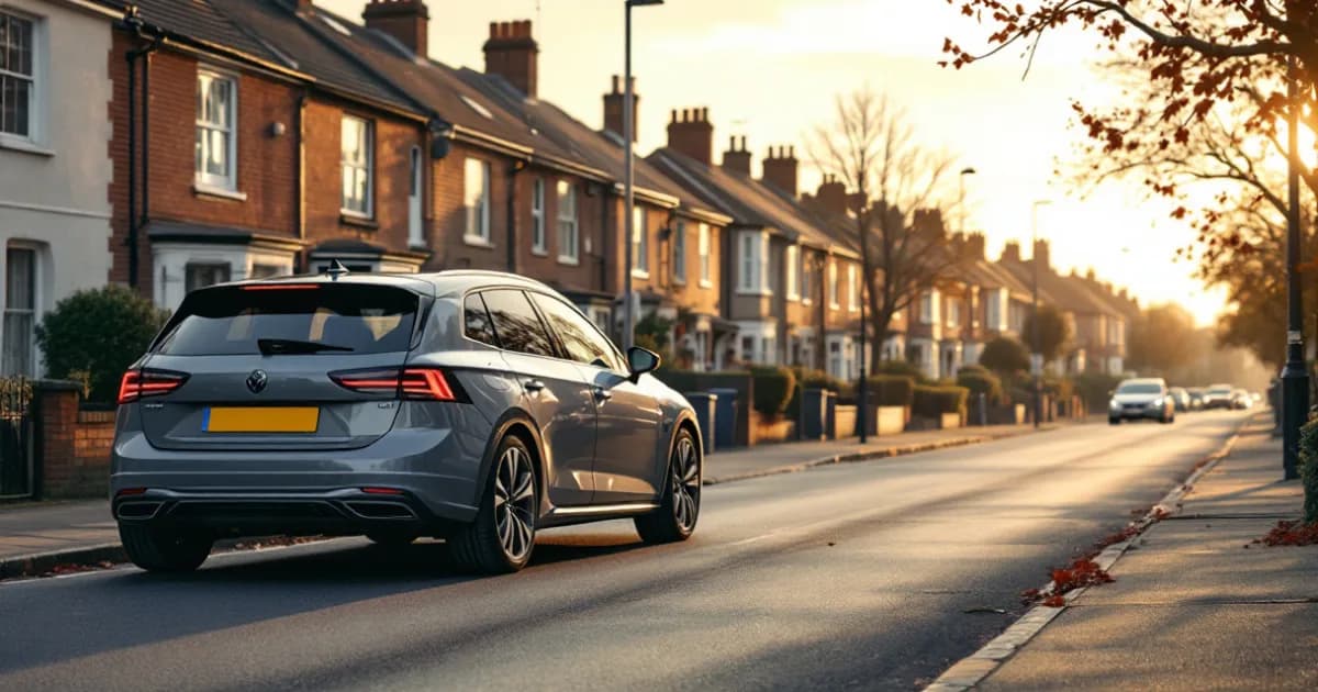 Grey hatchback on a terraced street, illustrating what is an initial rental on a lease for a new car.