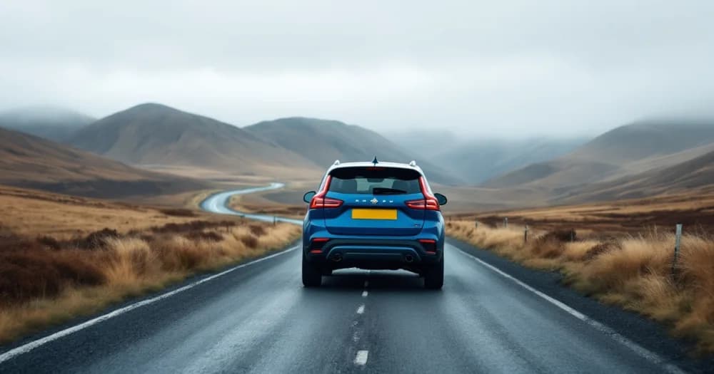 A blue SUV on a winding Highland road, accompanying questions about what is an initial rental on a lease. A blue SUV on a winding Highland road, accompanying questions about what is an initial rental on a lease.