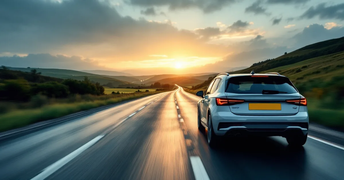 A grey hatchback on a rural British A-road, a calm visual for what is contract hire.