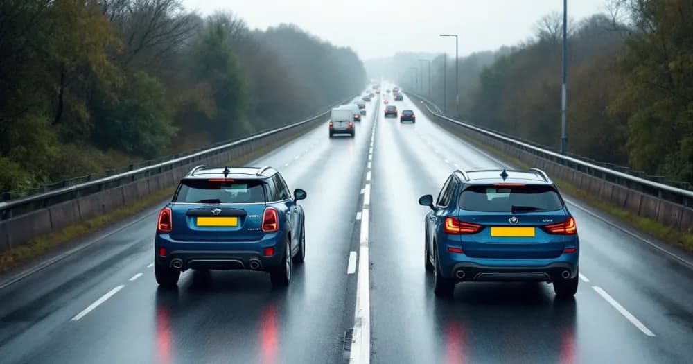 Vehicles on a wet dual carriageway, prompting related questions about what is contract hire. Vehicles on a wet dual carriageway, prompting related questions about what is contract hire.