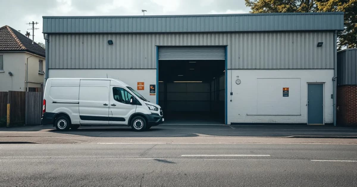 A white van outside a garage workshop, illustrating who pays for servicing on a lease.